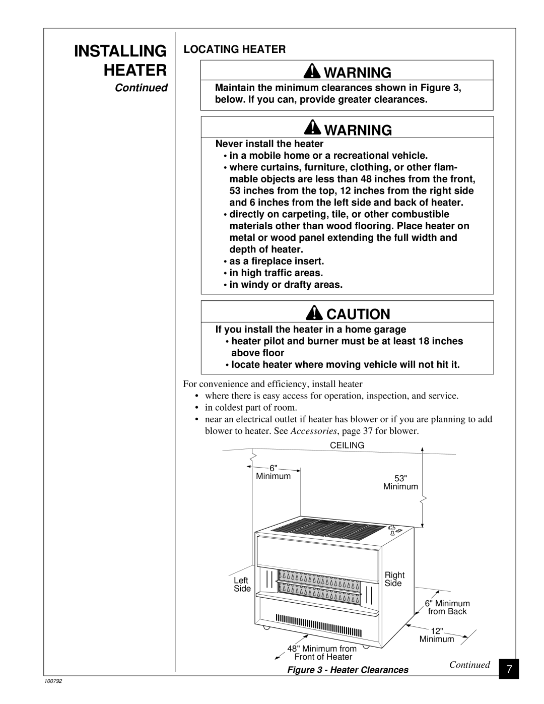 Desa CGR50BNA, CGR35NA, CGR65NA, CGR50NA, CGR65BNA installation manual Locating Heater, Heater Clearances 