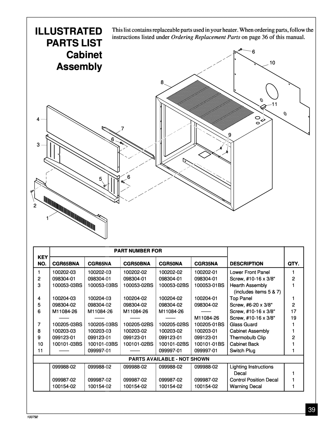Desa CGR65BNA, CGR35NA, CGR65NA, CGR50BNA, CGR50NA installation manual ILLUSTRATED PARTS LIST Cabinet Assembly 