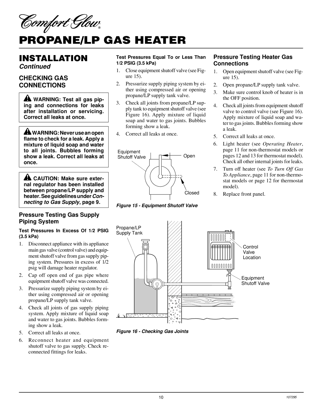 Desa CG6P Checking GAS Connections, Pressure Testing Heater Gas Connections, Pressure Testing Gas Supply Piping System 