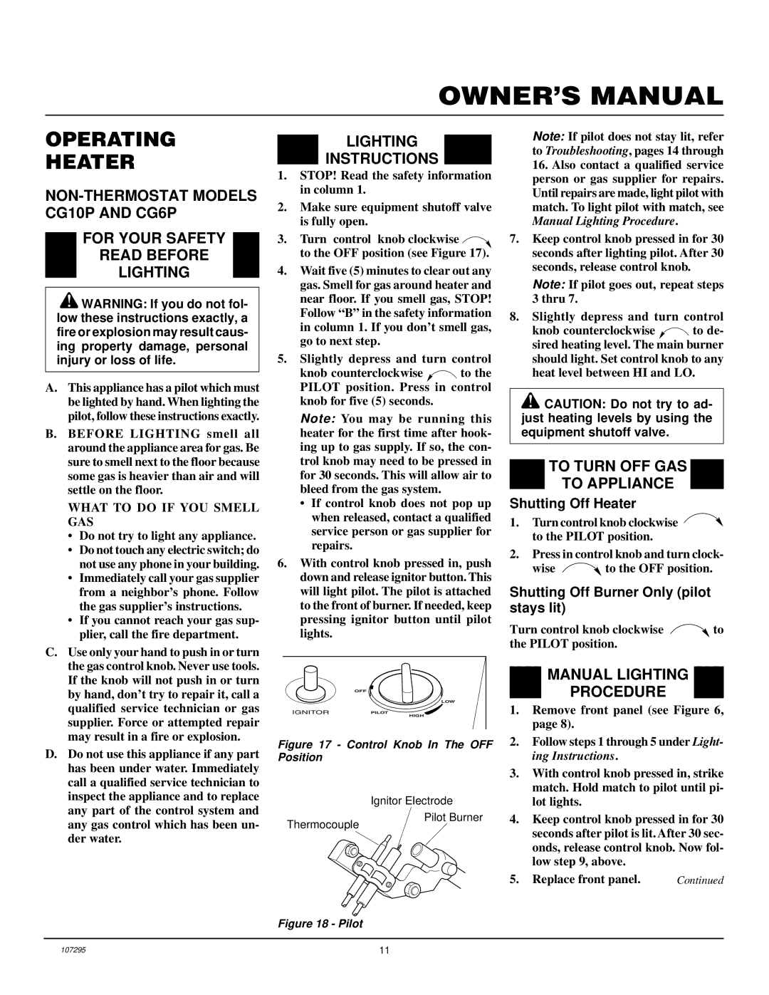 Desa CG10P, CGS10P, CG6P Operating Heater, Lighting Instructions, To Turn OFF GAS To Appliance, Manual Lighting Procedure 