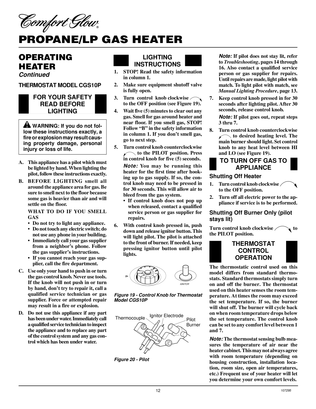 Desa CGS10P, CG6P, CG10P installation manual For Your Safety Read Before Lighting, Thermostat Control Operation 