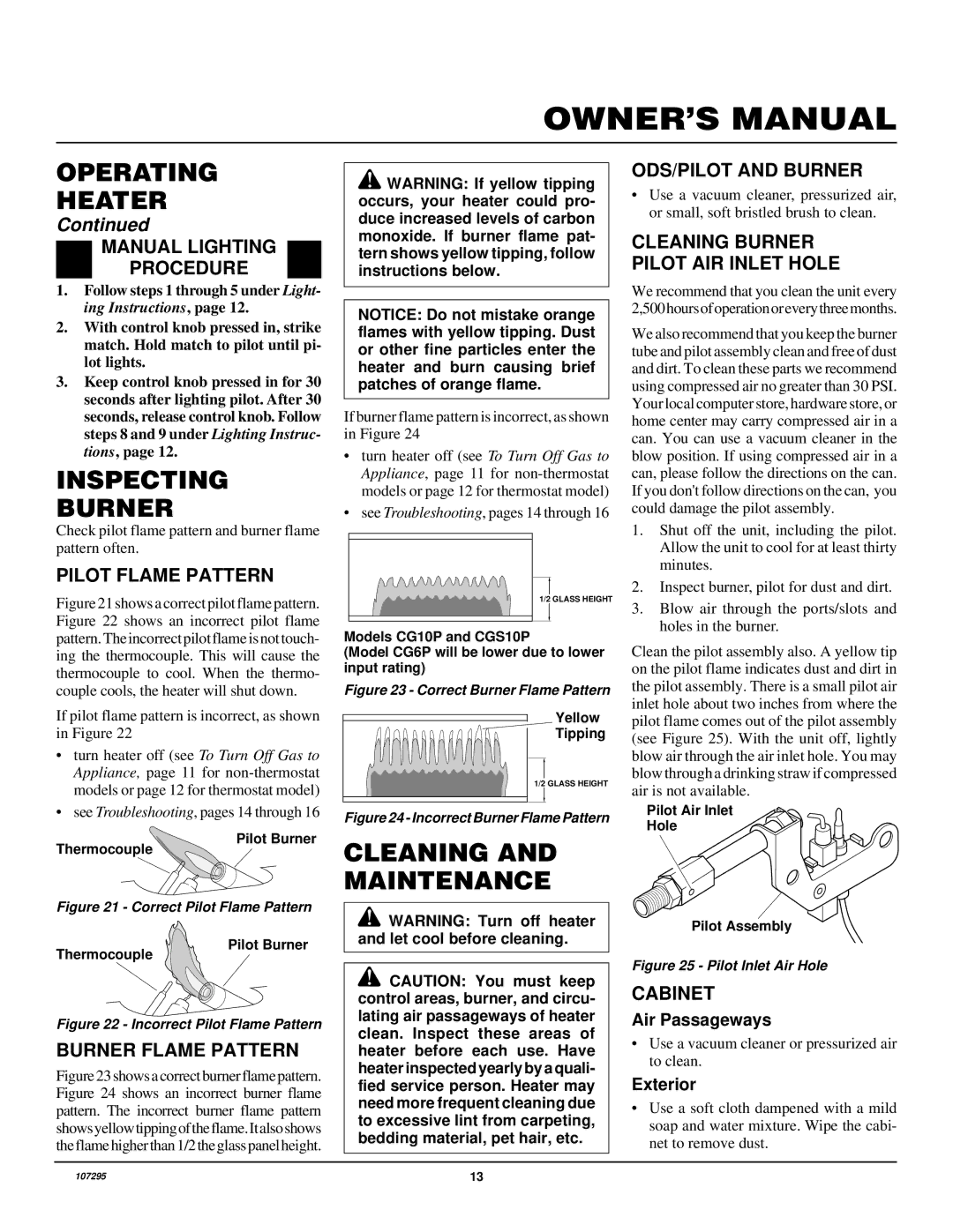 Desa CG6P, CGS10P, CG10P installation manual Inspecting Burner, Cleaning and Maintenance 