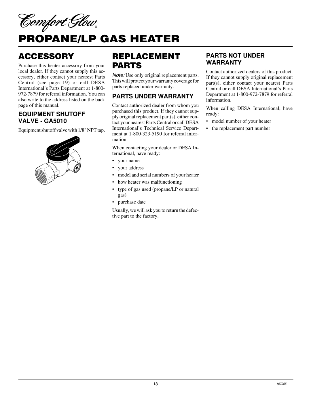 Desa CGS10P Accessory, Replacement Parts, Equipment Shutoff Valve GA5010, Parts Under Warranty, Parts not Under Warranty 