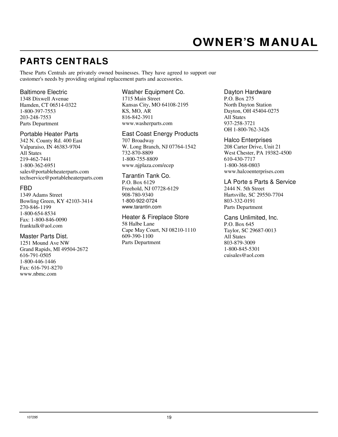 Desa CG6P Parts Centrals, Baltimore Electric Washer Equipment Co Dayton Hardware, Tarantin Tank Co, Master Parts Dist 