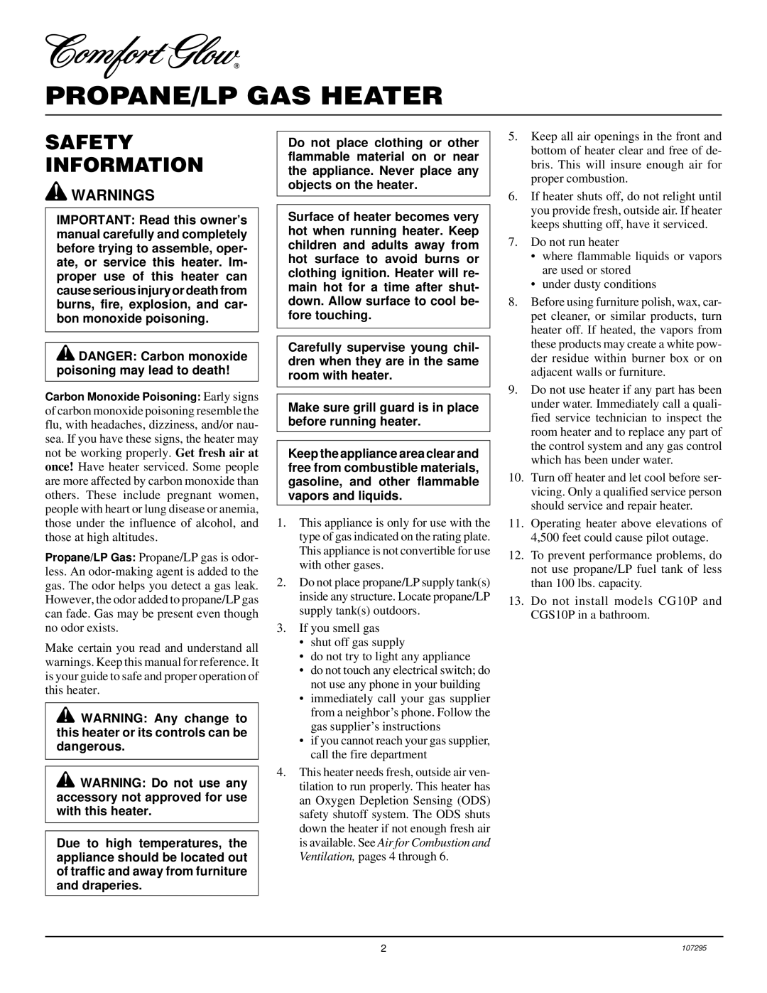 Desa CG10P, CGS10P, CG6P installation manual PROPANE/LP GAS Heater, Safety Information 