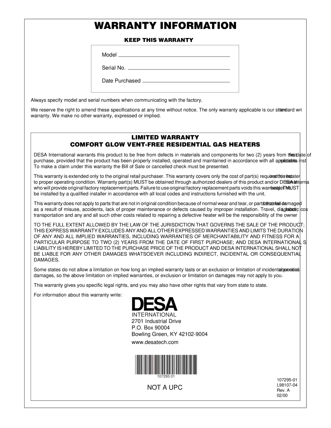 Desa CG10P, CGS10P, CG6P installation manual Warranty Information 