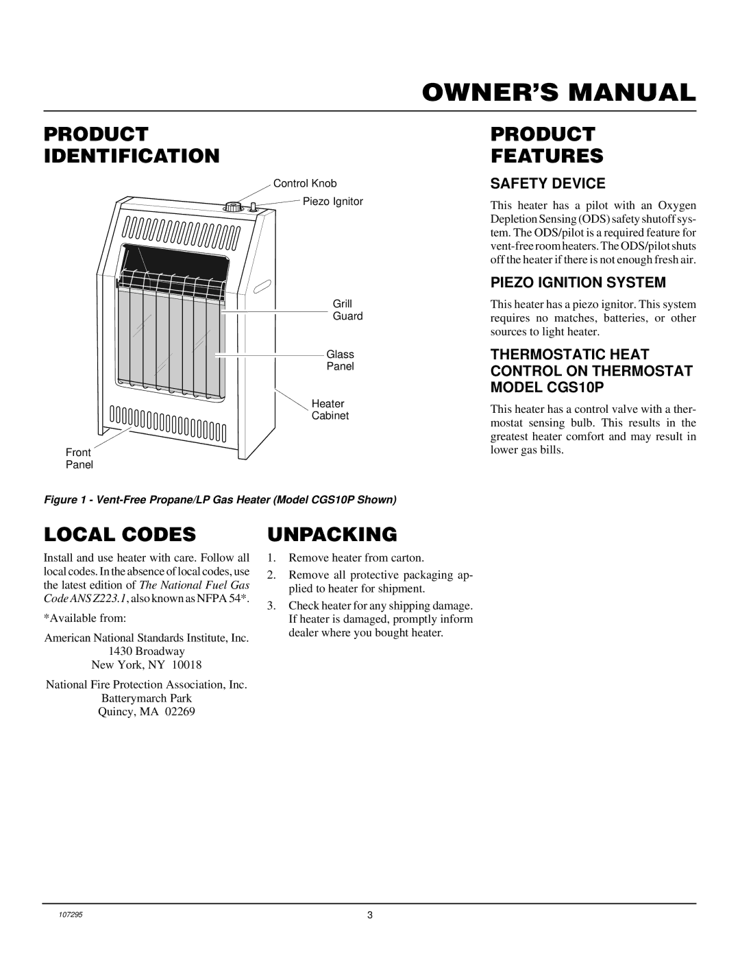 Desa CGS10P, CG6P, CG10P installation manual Product Identification, Product Features, Local Codes, Unpacking 