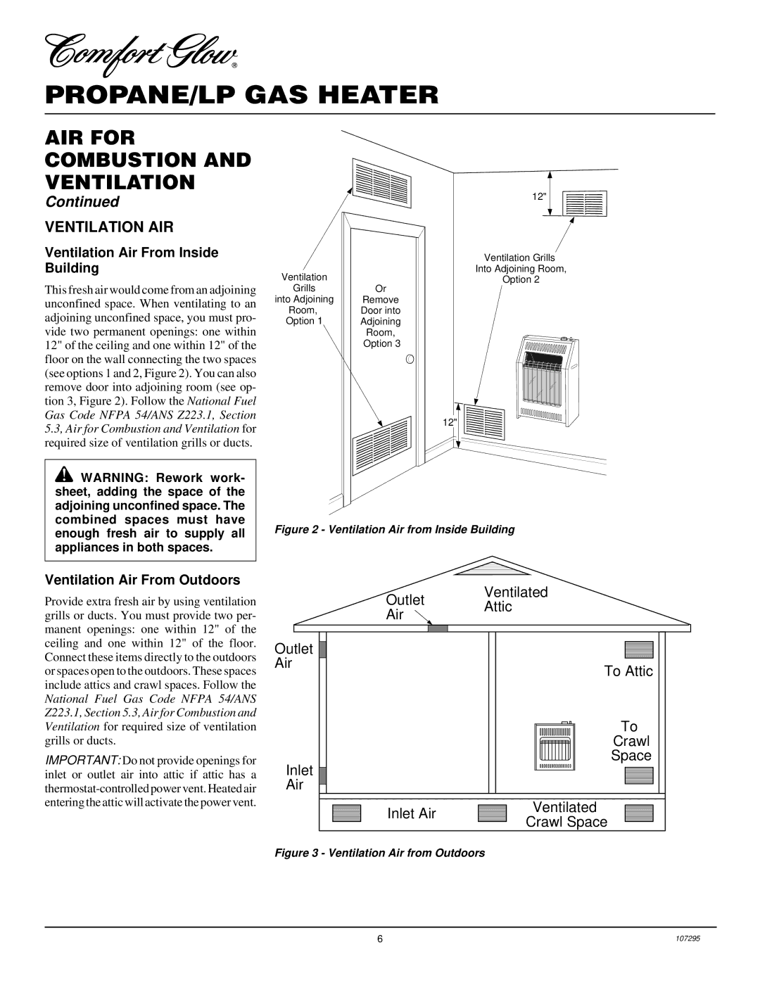 Desa CGS10P, CG6P, CG10P Ventilation AIR, Ventilation Air From Inside Building, Ventilation Air From Outdoors 