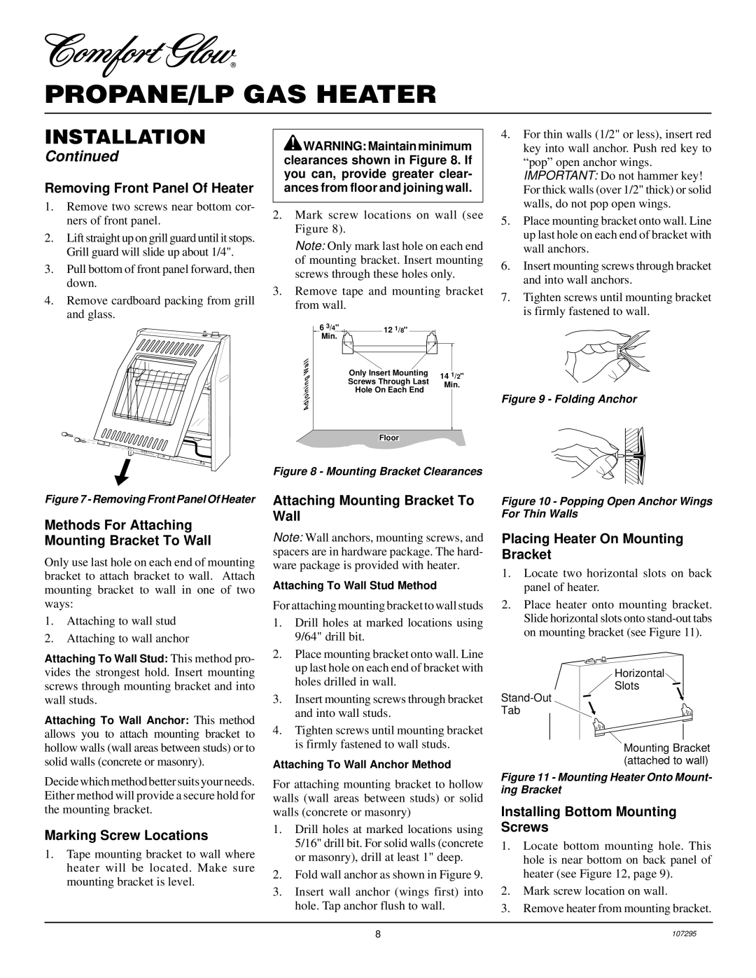 Desa CG10P, CGS10P Removing Front Panel Of Heater, Methods For Attaching Mounting Bracket To Wall, Marking Screw Locations 