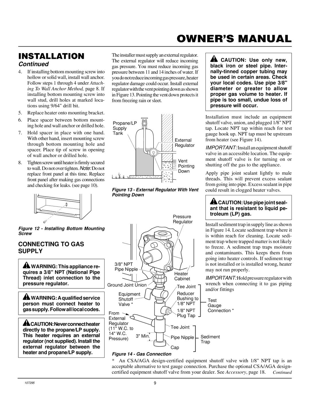 Desa CGS10P, CG6P, CG10P installation manual Connecting to GAS Supply, Tions using 9/64 drill bit 