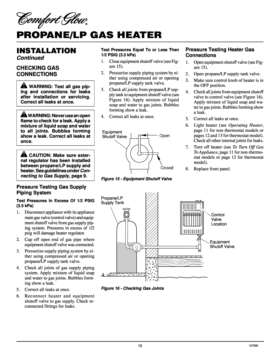 Desa CG6P, CGS10P, CG10P installation manual Checking Gas Connections, Propane/Lp Gas Heater, Installation, Continued 