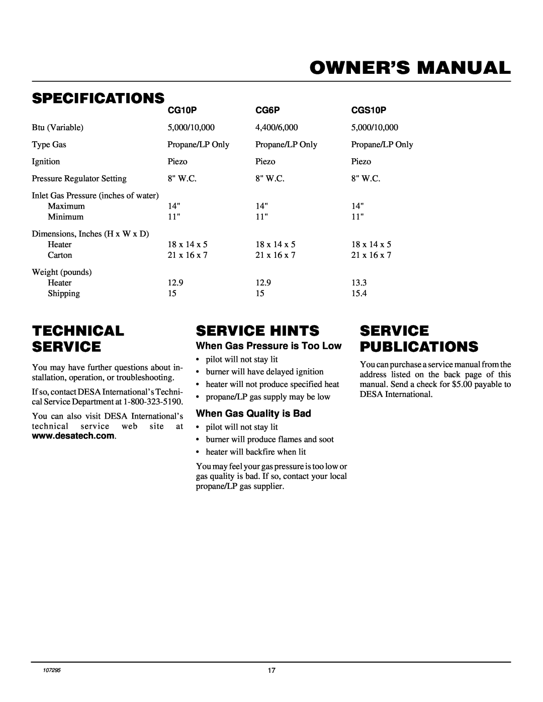 Desa CG10P, CGS10P, CG6P installation manual Specifications, Technical Service, Service Hints, Service Publications 