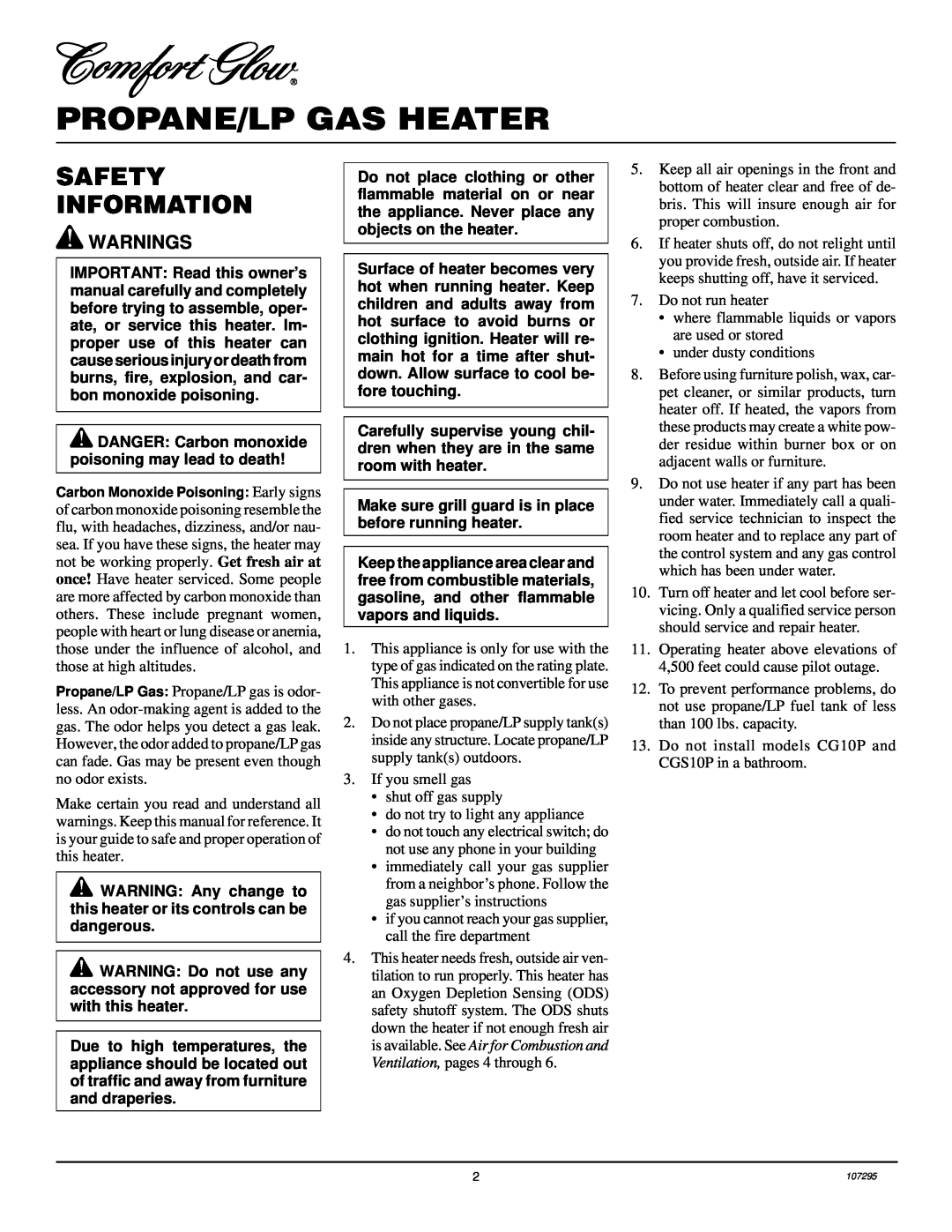 Desa CG10P, CGS10P, CG6P installation manual Propane/Lp Gas Heater, Safety Information, Warnings 