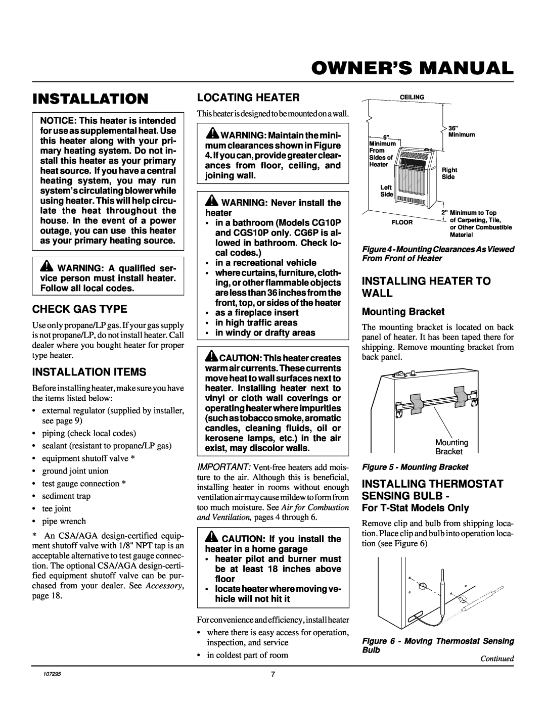 Desa CG6P, CGS10P, CG10P Locating Heater, Check Gas Type, Installation Items, Installing Heater To Wall 