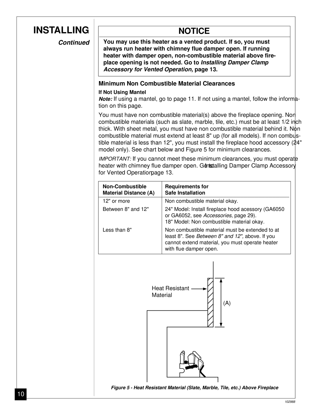 Desa CGS2718N installation manual Minimum Non Combustible Material Clearances 