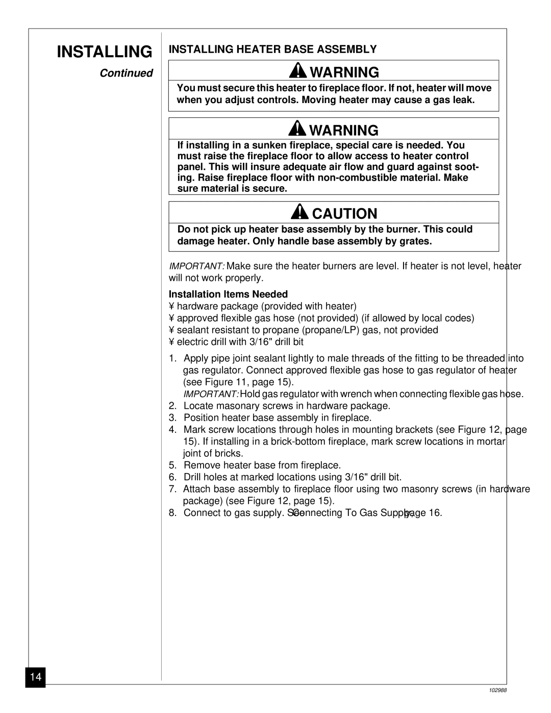 Desa CGS2718N installation manual Installing Heater Base Assembly, Installation Items Needed 