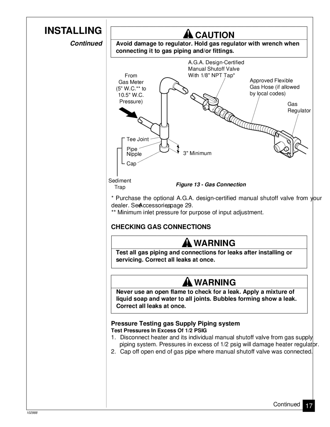 Desa CGS2718N installation manual Checking GAS Connections, Gas Connection 