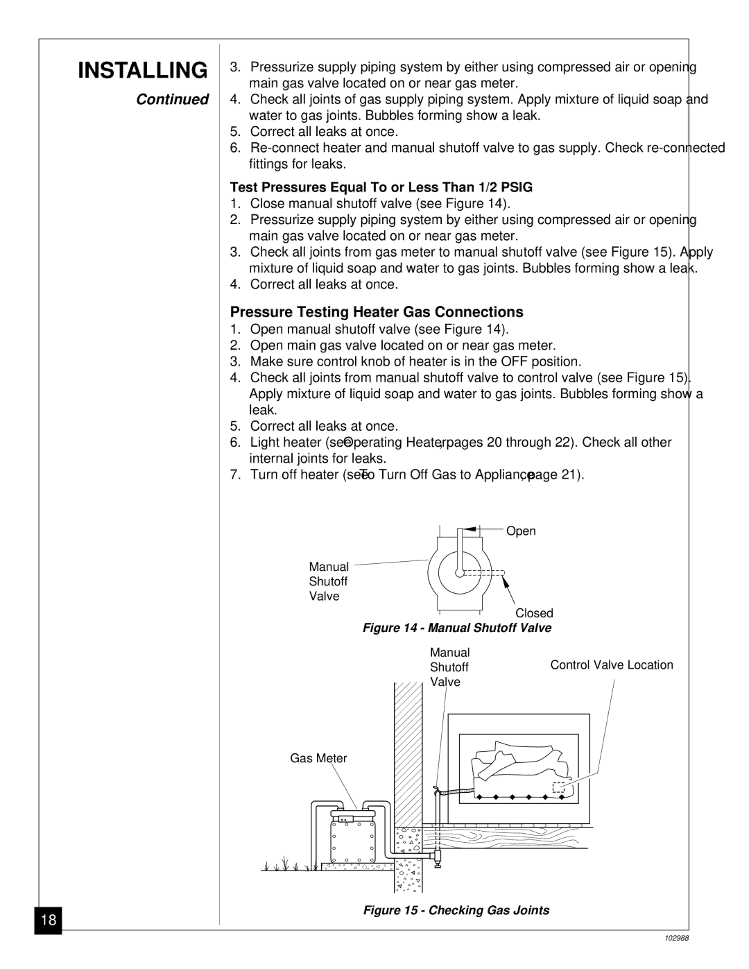 Desa CGS2718N installation manual Pressure Testing Heater Gas Connections, Test Pressures Equal To or Less Than 1/2 Psig 