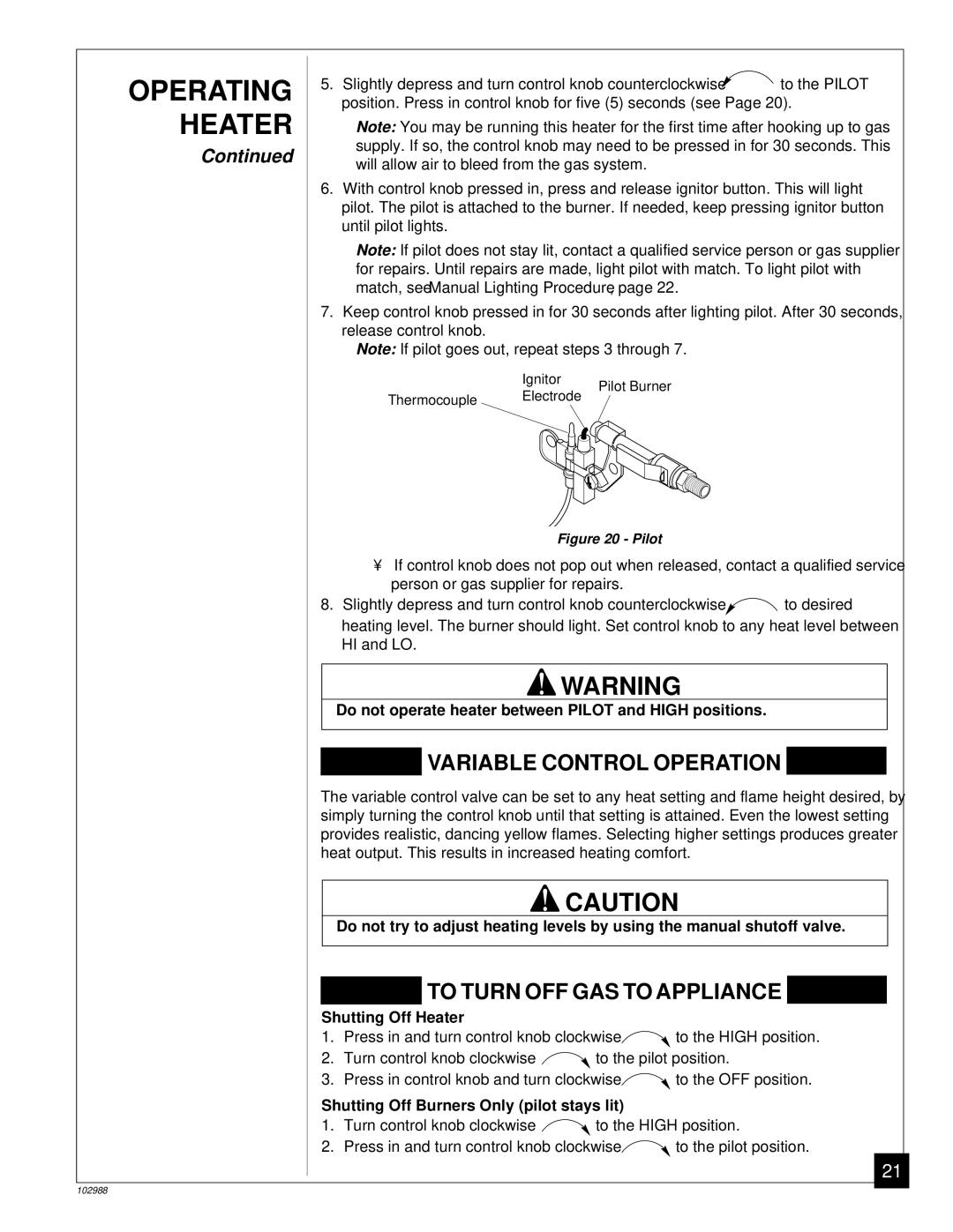 Desa CGS2718N installation manual Heater, Operating 