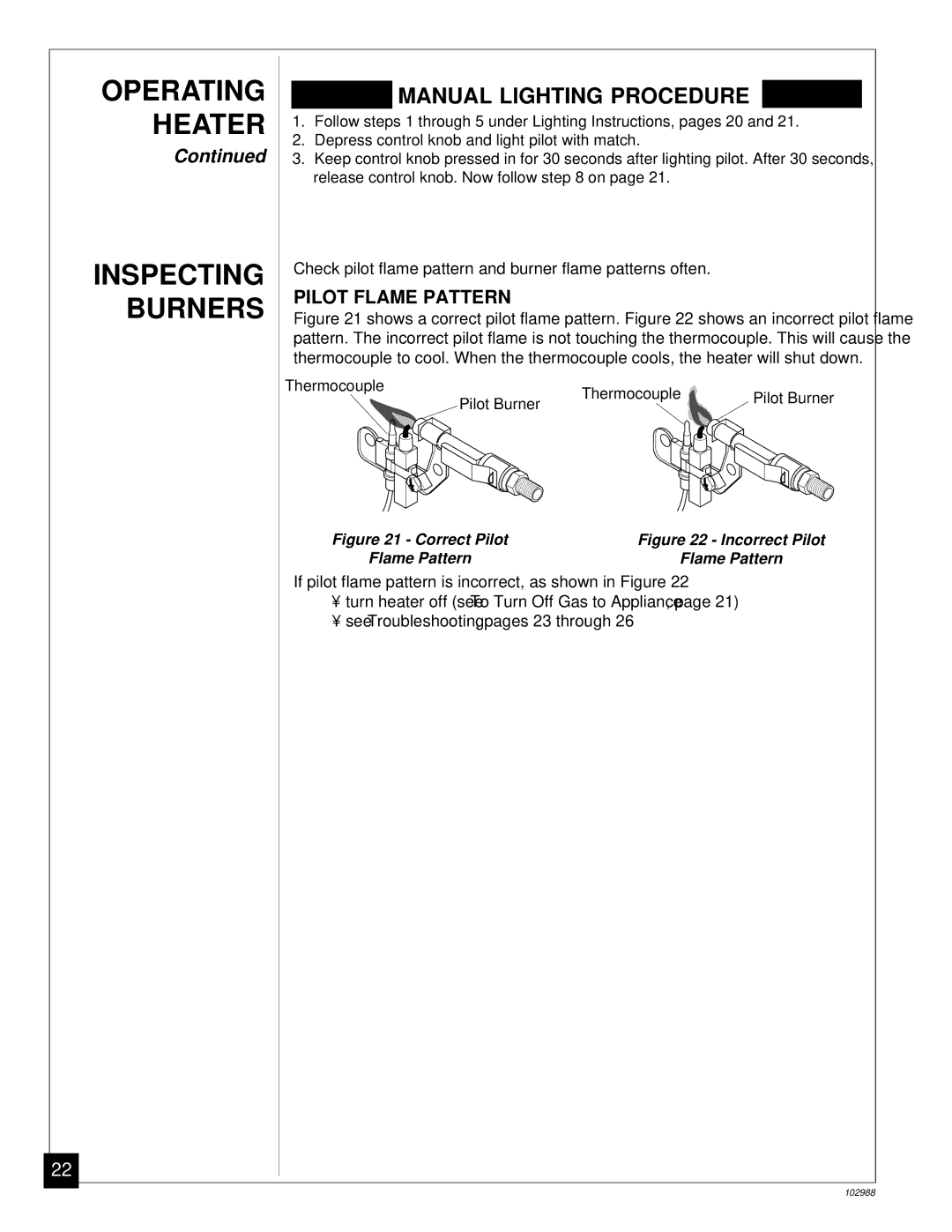 Desa CGS2718N installation manual Inspecting Burners, Pilot Flame Pattern 