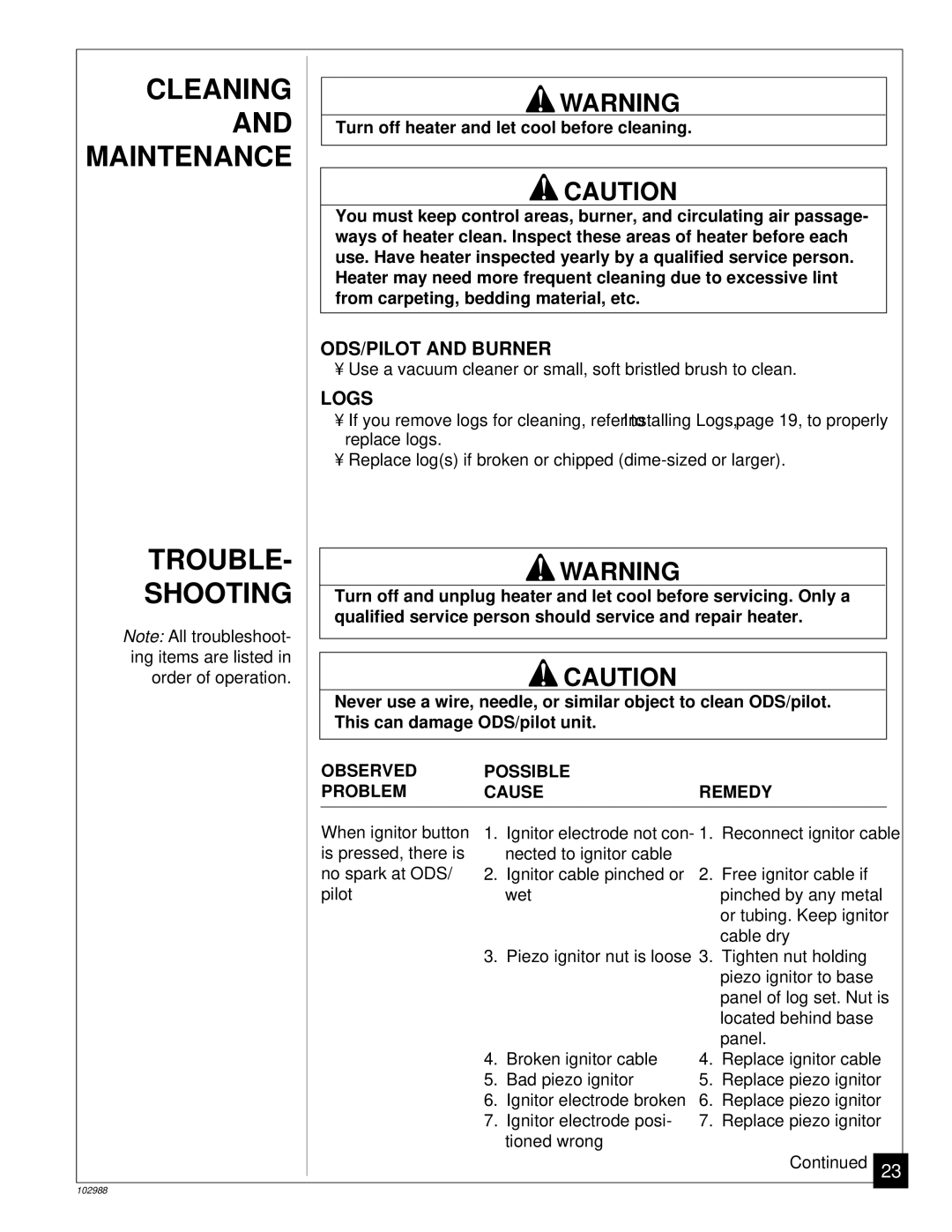 Desa CGS2718N installation manual Cleaning, Maintenance, Trouble Shooting, ODS/PILOT and Burner, Logs 