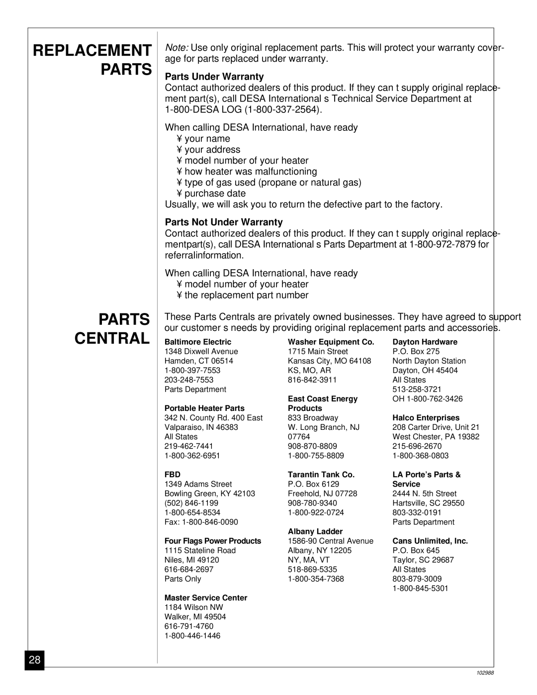 Desa CGS2718N installation manual Parts Central, Parts Under Warranty, Parts Not Under Warranty 