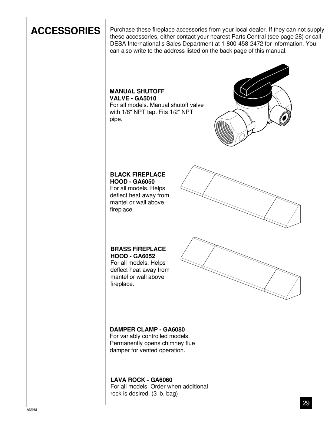 Desa CGS2718N installation manual Accessories, Valve GA5010, Hood GA6050, Hood GA6052 