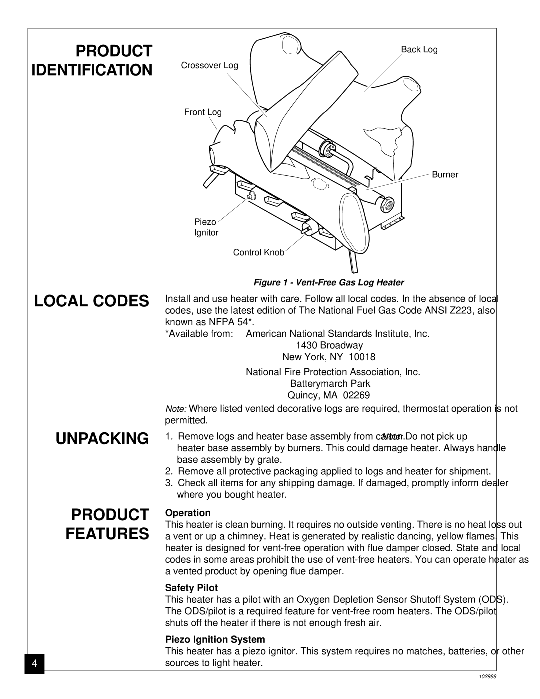 Desa CGS2718N installation manual Local Codes Unpacking Product Features, Operation, Safety Pilot, Piezo Ignition System 