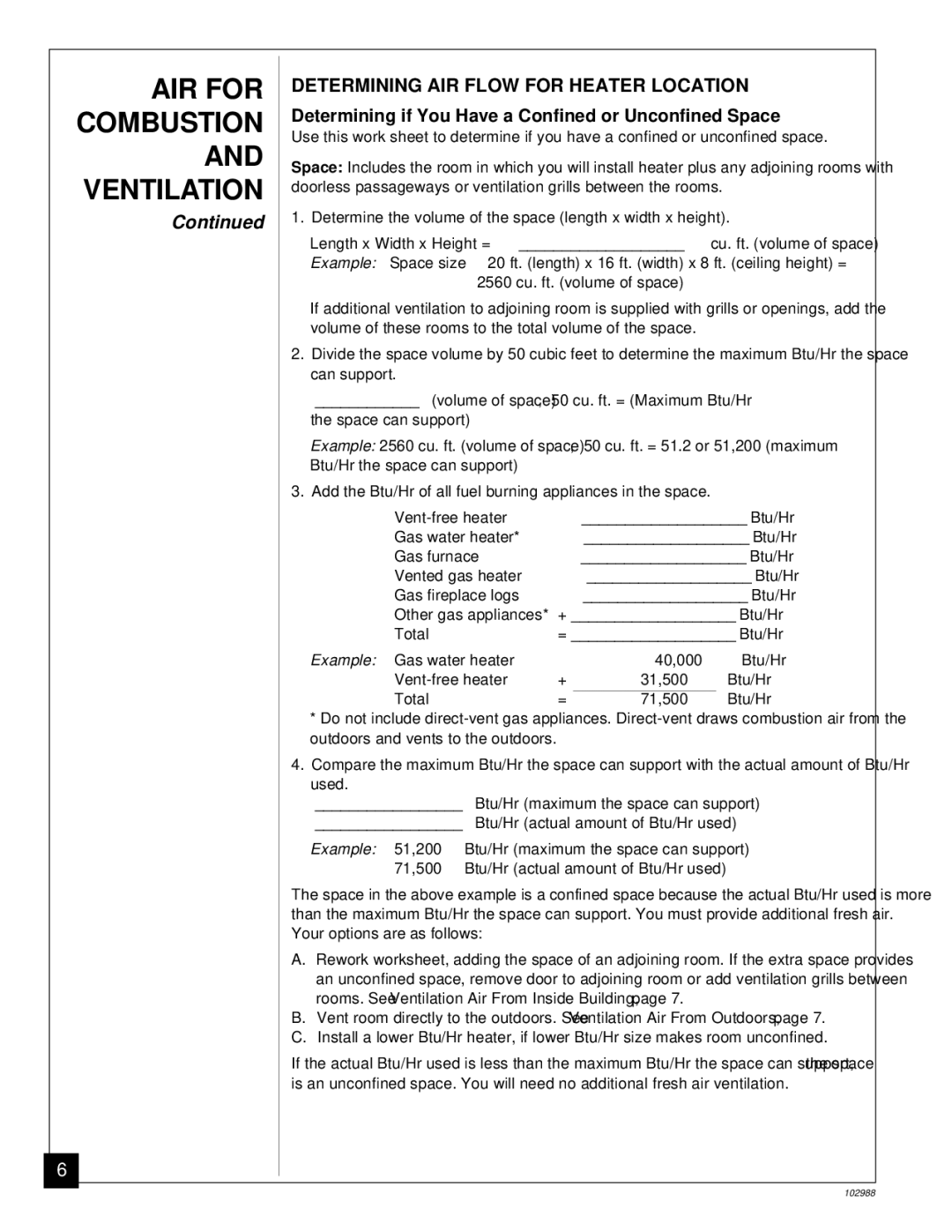 Desa CGS2718N installation manual AIR for Combustion and Ventilation, Determining AIR Flow for Heater Location 