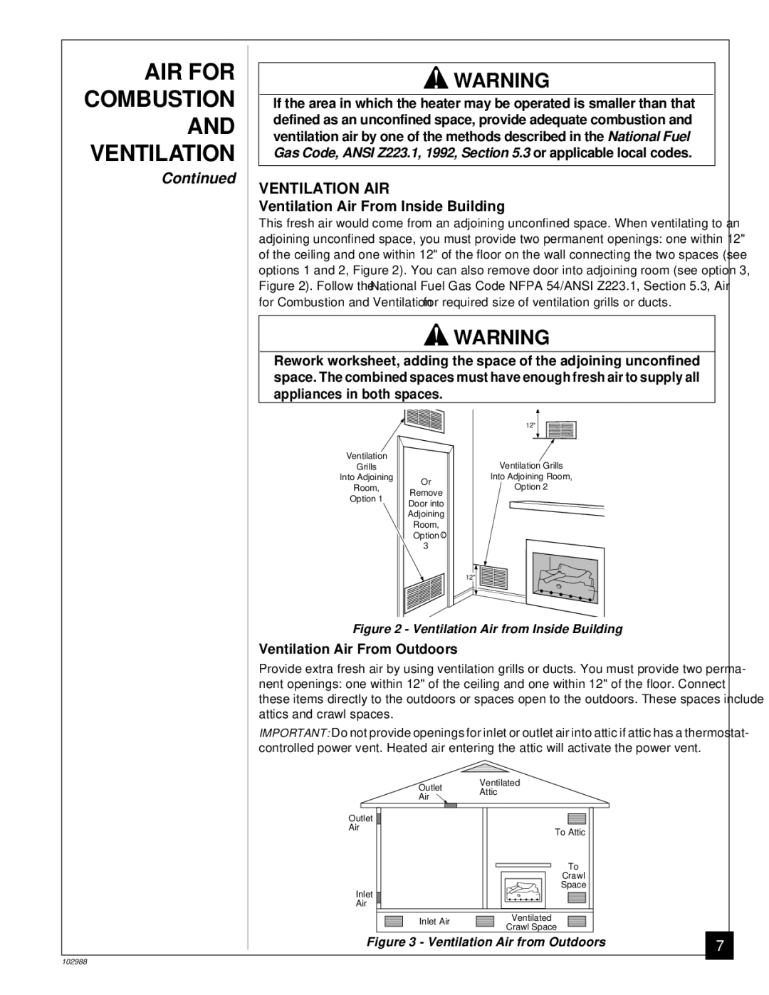 Desa CGS2718N installation manual Ventilation AIR, Ventilation Air From Inside Building, Ventilation Air From Outdoors 