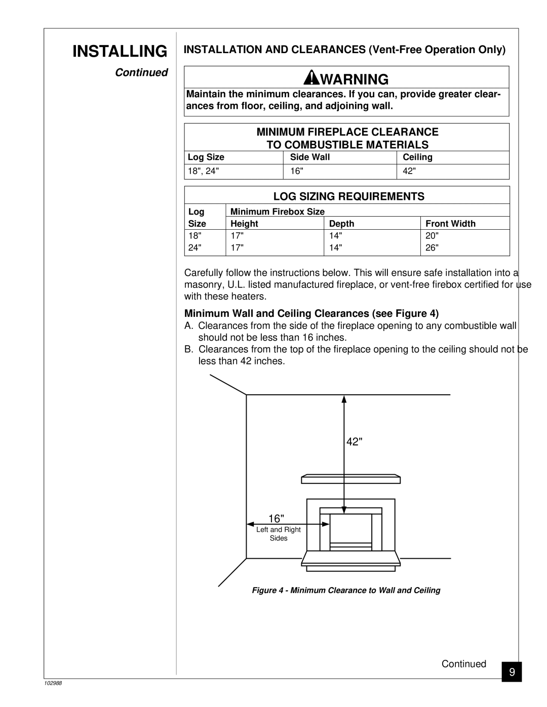 Desa CGS2718N Minimum Fireplace Clearance, LOG Sizing Requirements, Minimum Wall and Ceiling Clearances see Figure 