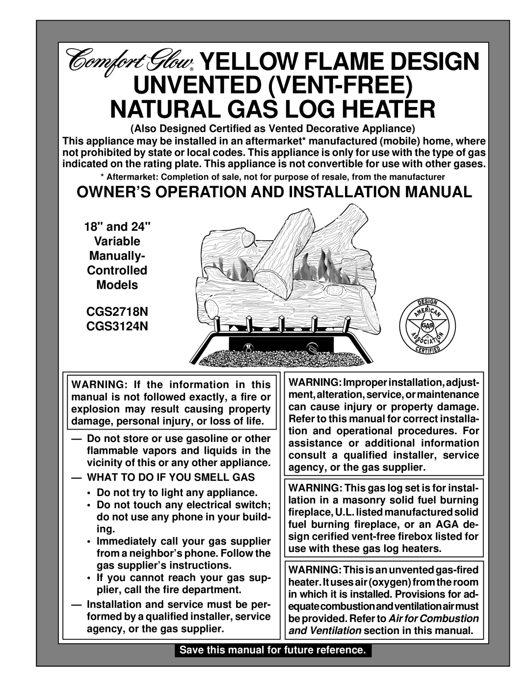 Desa installation manual Owner’S Operation And Installation Manual, and Variable, CGS2718N CGS3124N 