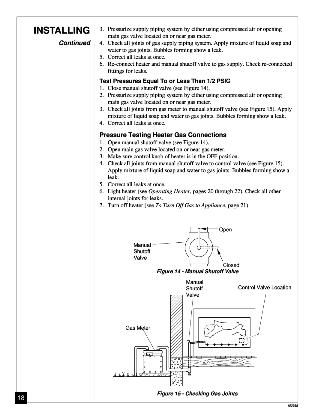 Desa CGS2718N installation manual Installing, Continued, Pressure Testing Heater Gas Connections 