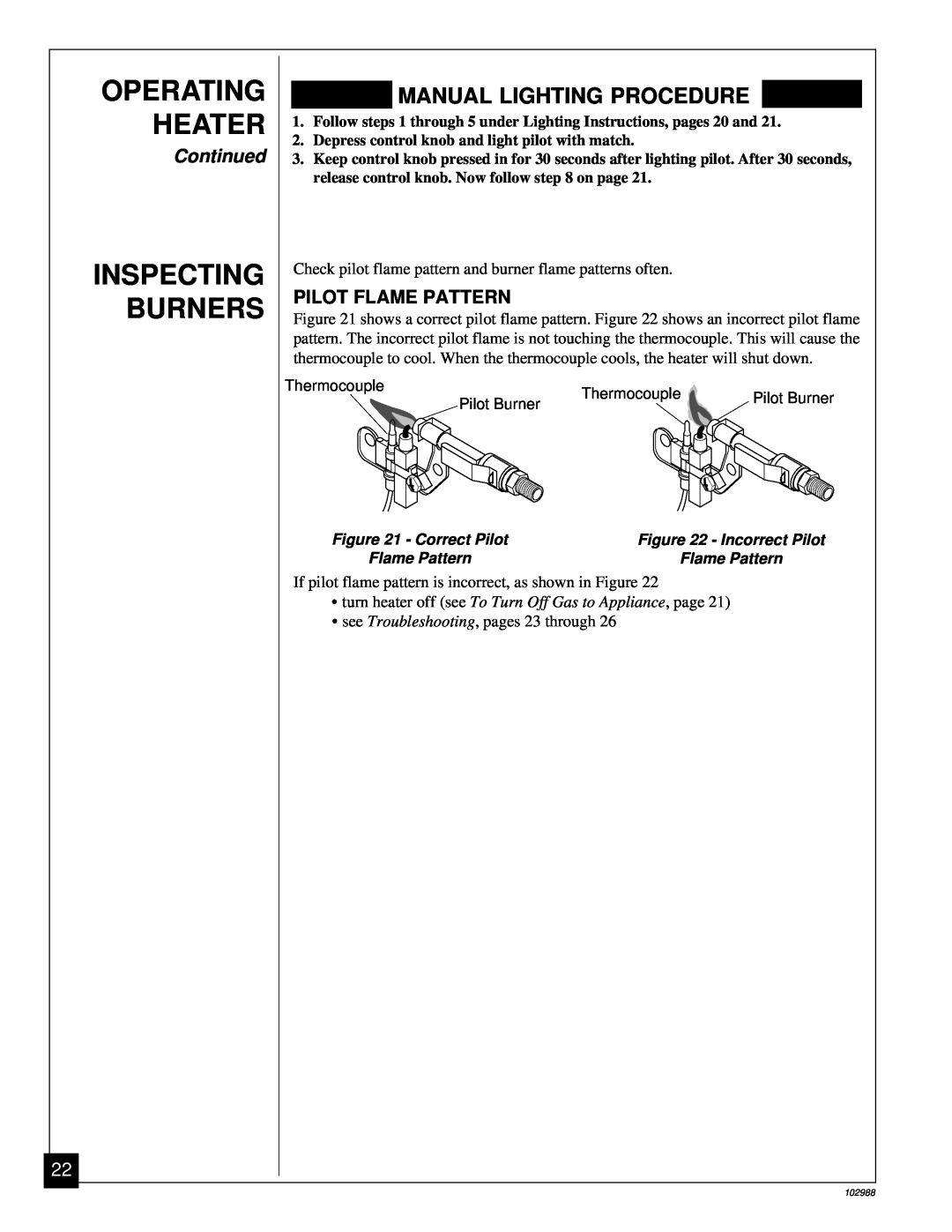 Desa CGS2718N installation manual Inspecting Burners, Operating Heater, Manual Lighting Procedure, Continued 