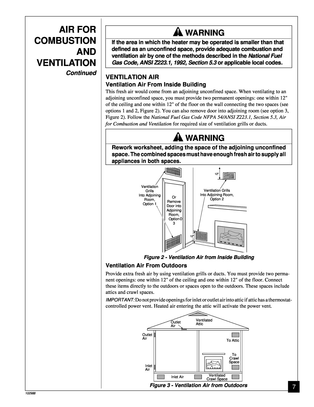 Desa CGS2718N Air For, Combustion, Continued, Ventilation Air from Inside Building, Ventilation Air from Outdoors 