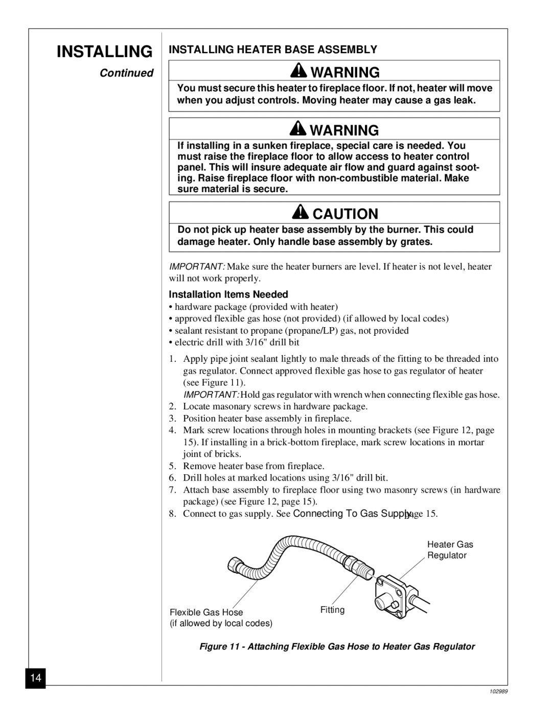 Desa CGS2718P installation manual Installing Heater Base Assembly, Installation Items Needed 