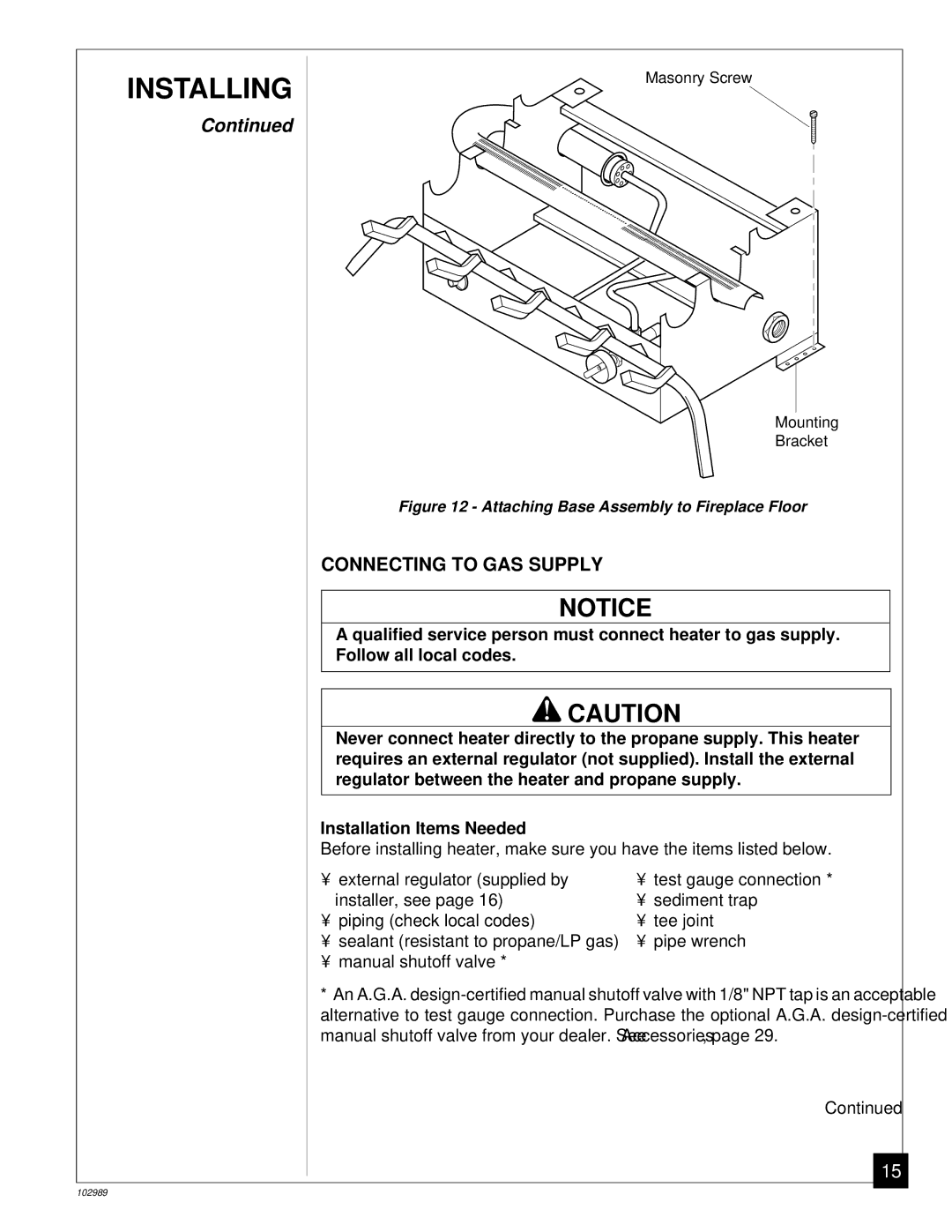 Desa CGS2718P installation manual Connecting to GAS Supply, Attaching Base Assembly to Fireplace Floor 