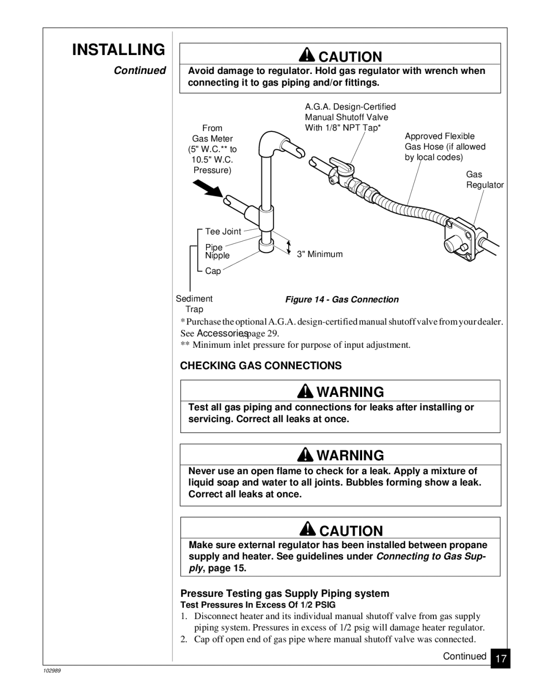 Desa CGS2718P installation manual Checking GAS Connections, Pressure Testing gas Supply Piping system 