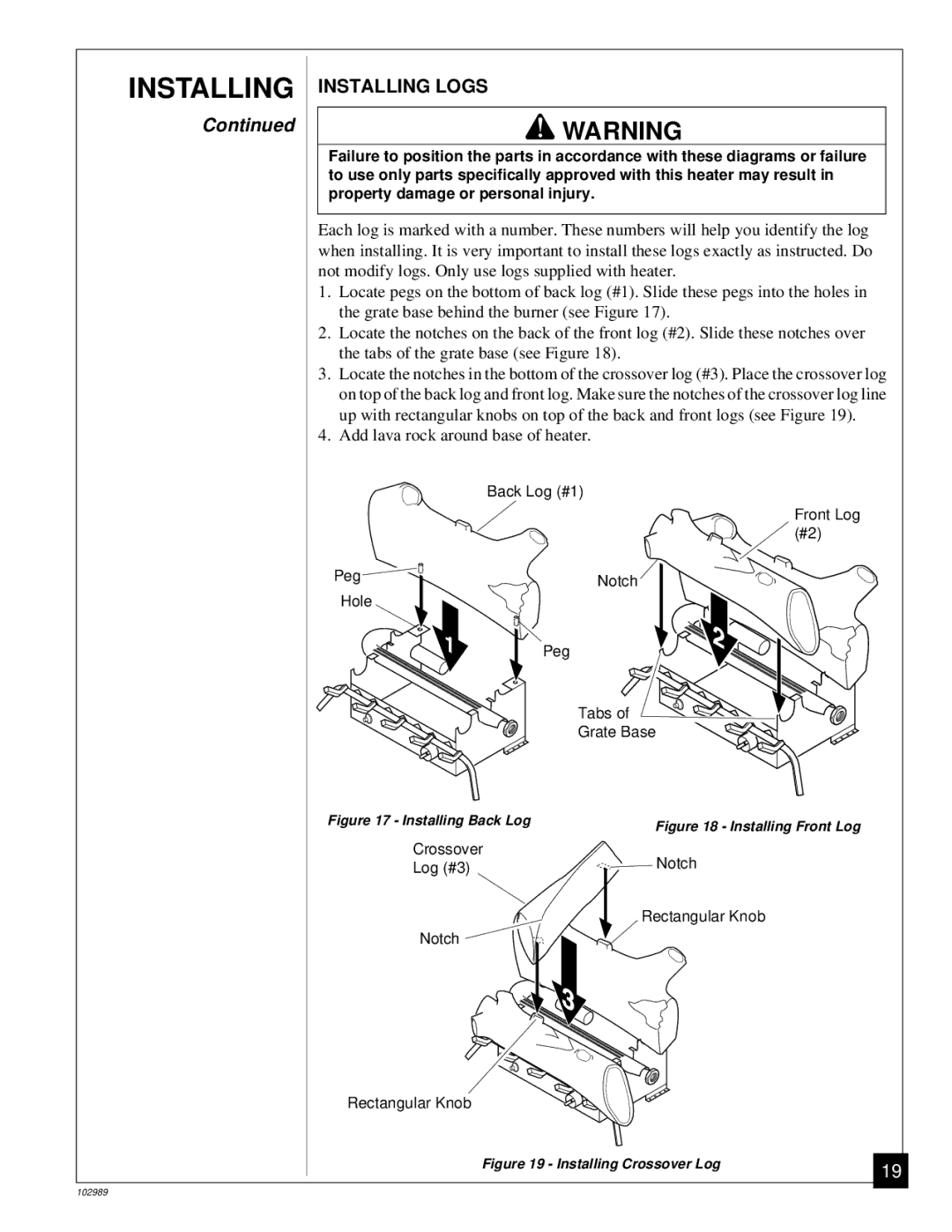 Desa CGS2718P installation manual Installing Logs, Add lava rock around base of heater 