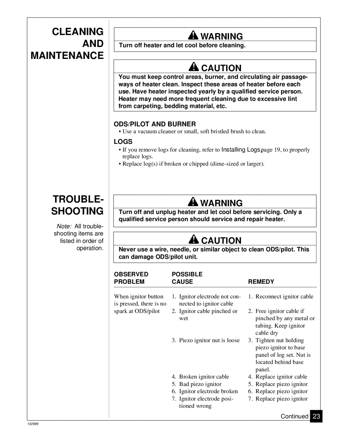 Desa CGS2718P installation manual Cleaning and Maintenance Trouble Shooting, ODS/PILOT and Burner, Logs 