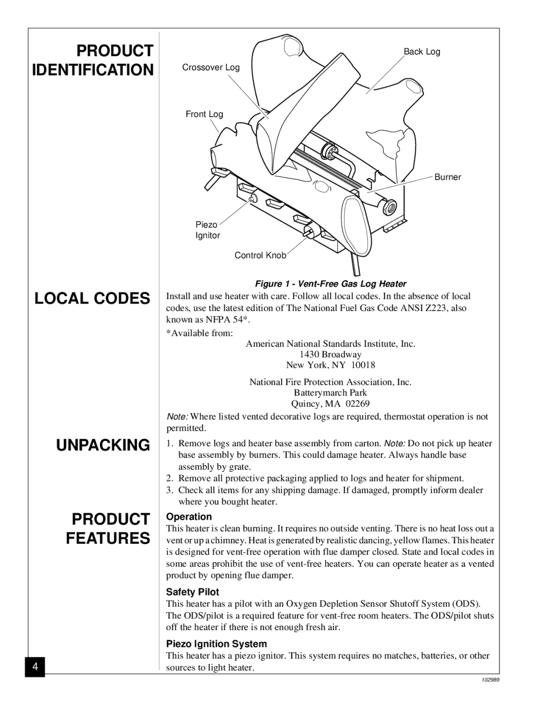 Desa CGS2718P installation manual Local Codes Unpacking Product Features, Operation, Safety Pilot, Piezo Ignition System 