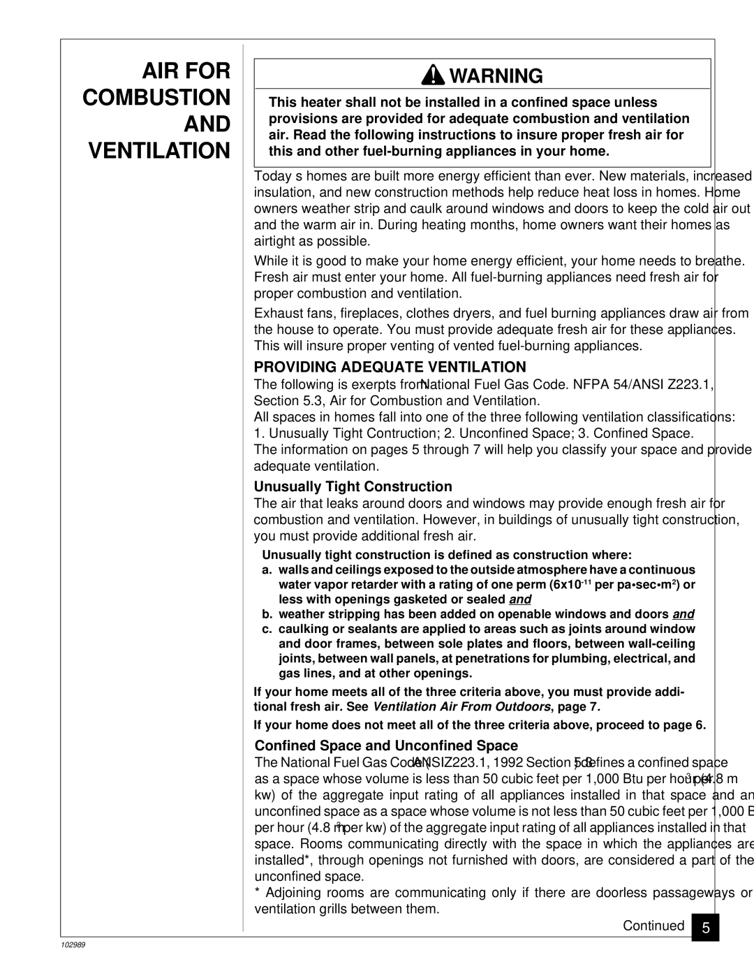 Desa CGS2718P AIR for Combustion and Ventilation, Providing Adequate Ventilation, Unusually Tight Construction 