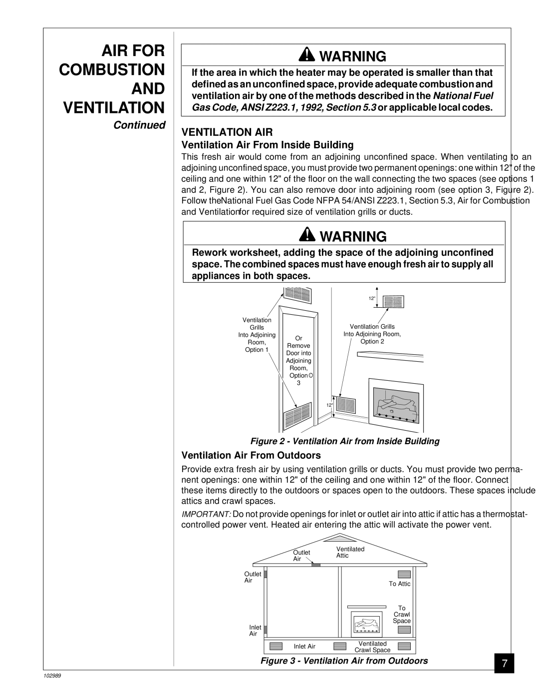 Desa CGS2718P installation manual Ventilation AIR, Ventilation Air From Inside Building, Ventilation Air From Outdoors 