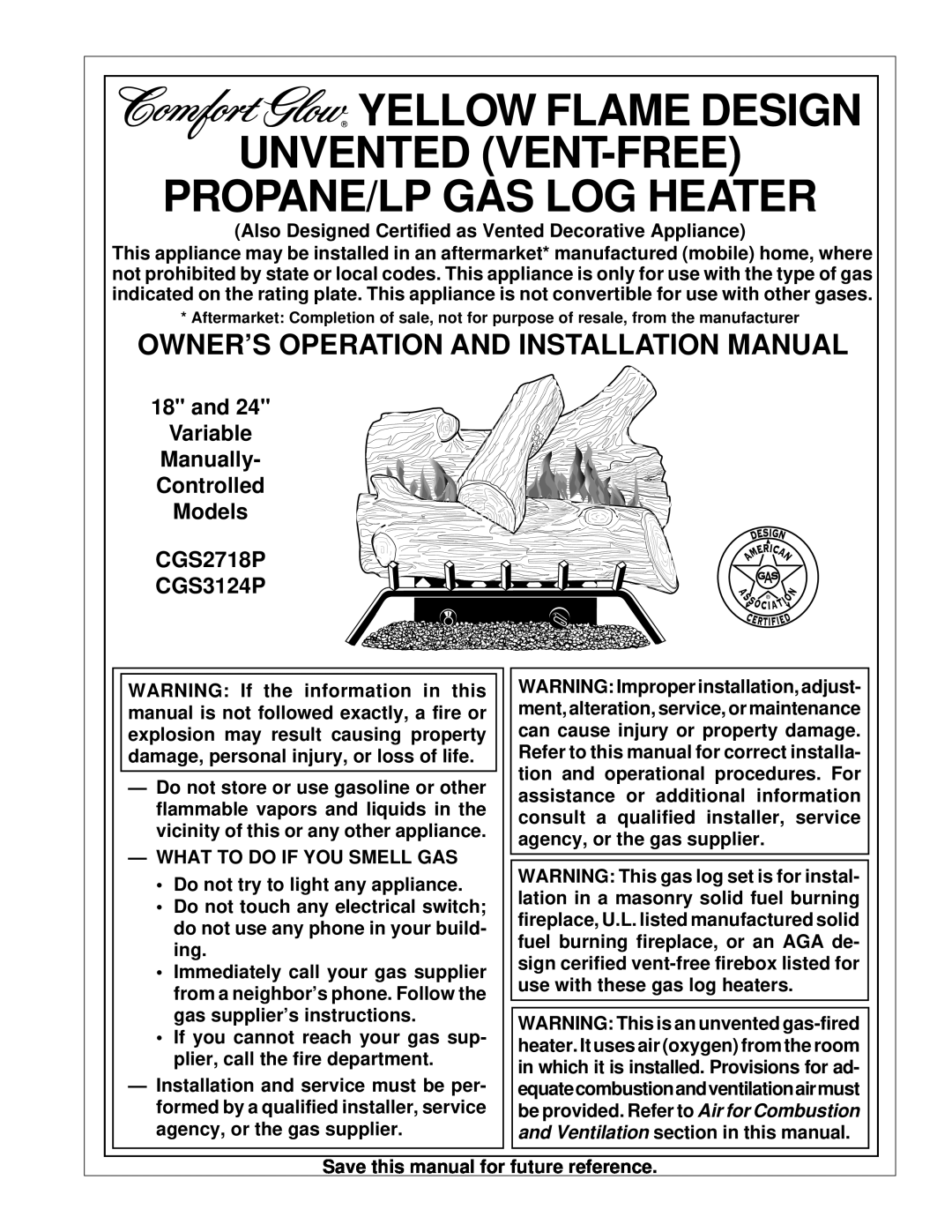 Desa installation manual Owner’S Operation And Installation Manual, and Variable, CGS2718P CGS3124P 