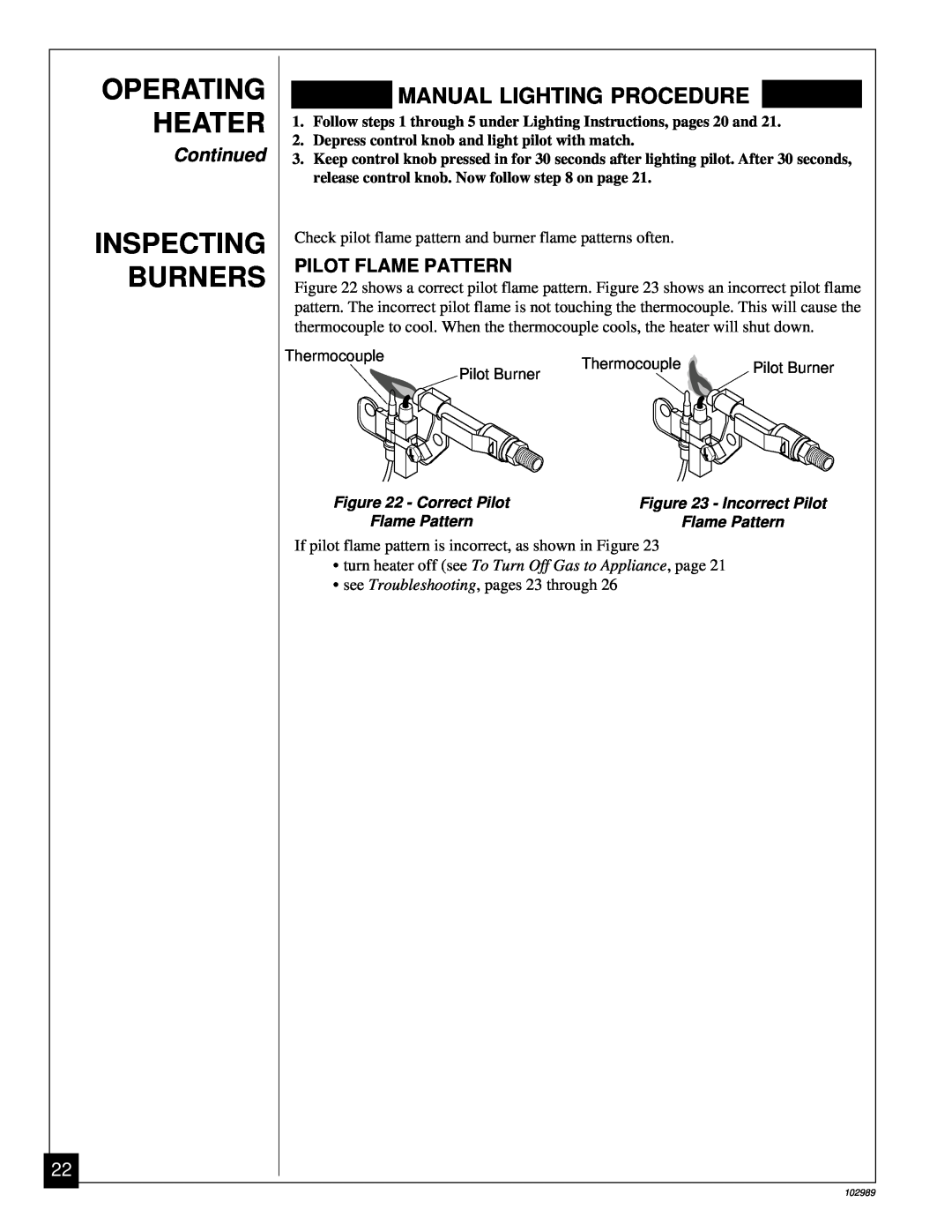 Desa CGS2718P installation manual Inspecting Burners, Operating Heater, Manual Lighting Procedure, Continued 