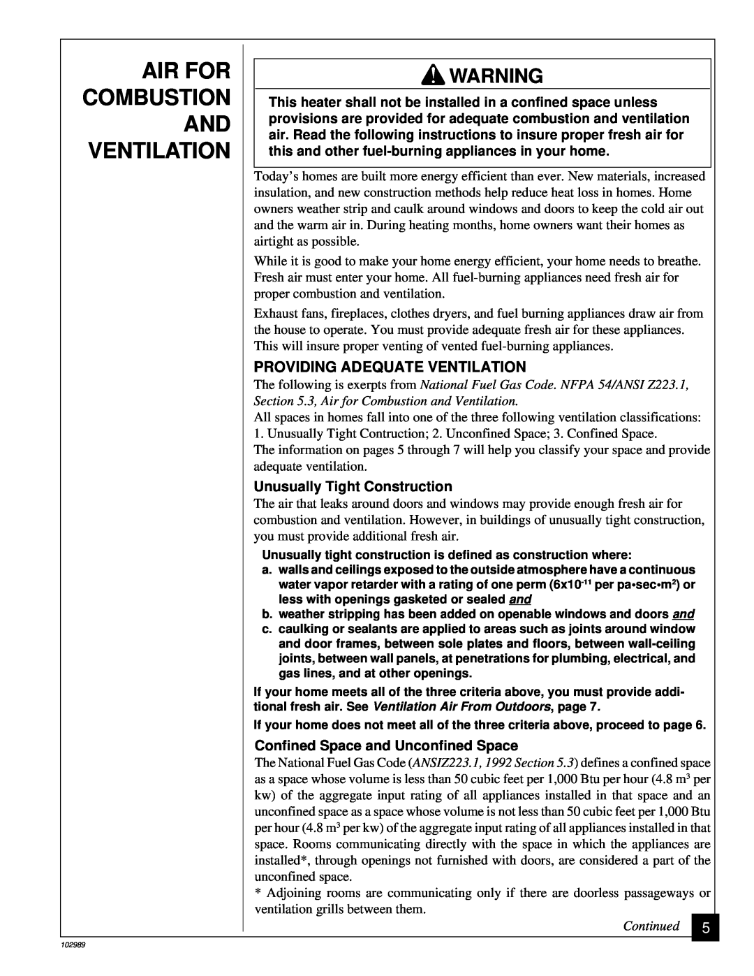 Desa CGS2718P installation manual Air For Combustion And Ventilation, Providing Adequate Ventilation, Continued 
