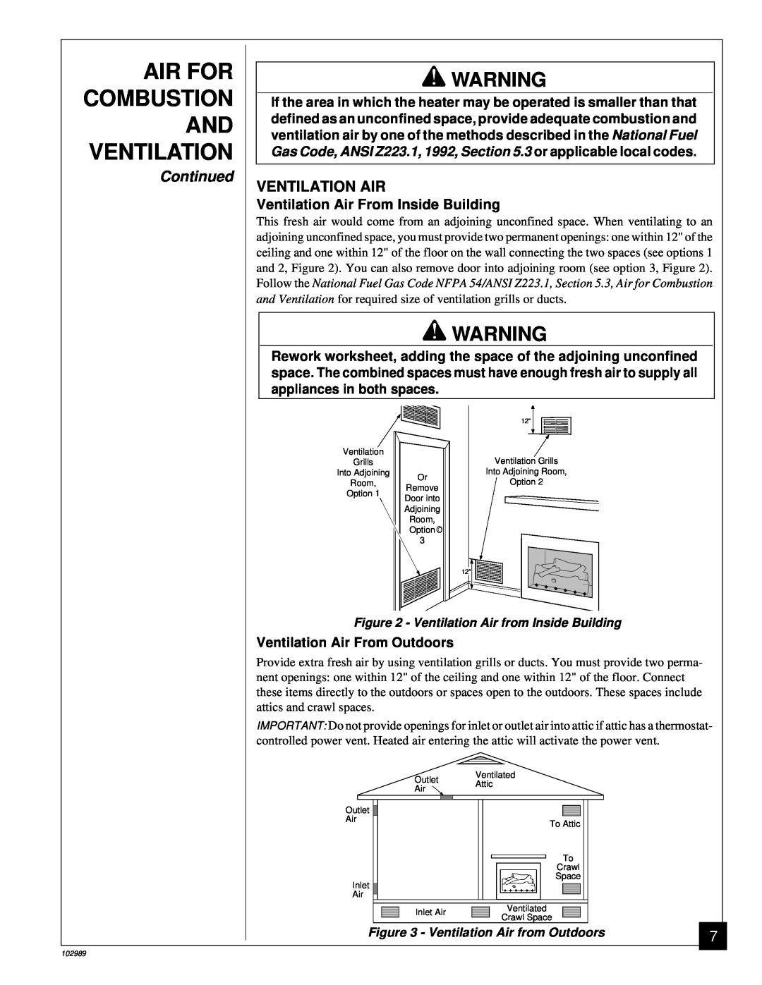Desa CGS2718P installation manual Air For Combustion And Ventilation, Continued, Ventilation Air From Inside Building 