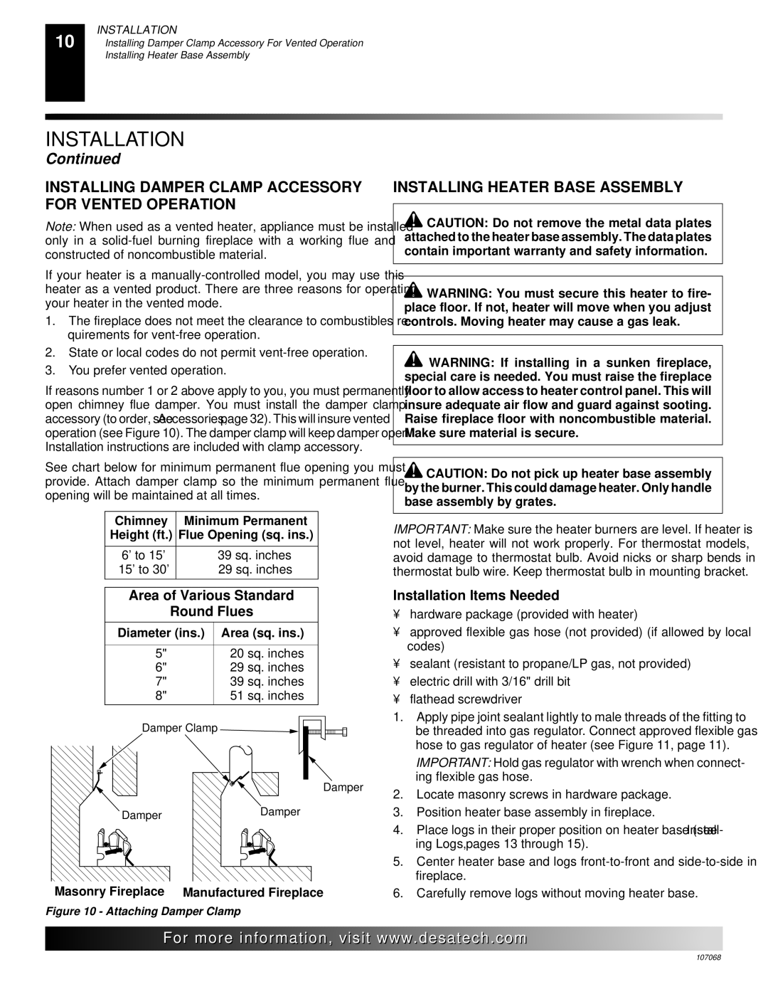 Desa CLD3018PA, CGS3124N, CLD3018NA Installing Damper Clamp Accessory for Vented Operation, Installing Heater Base Assembly 
