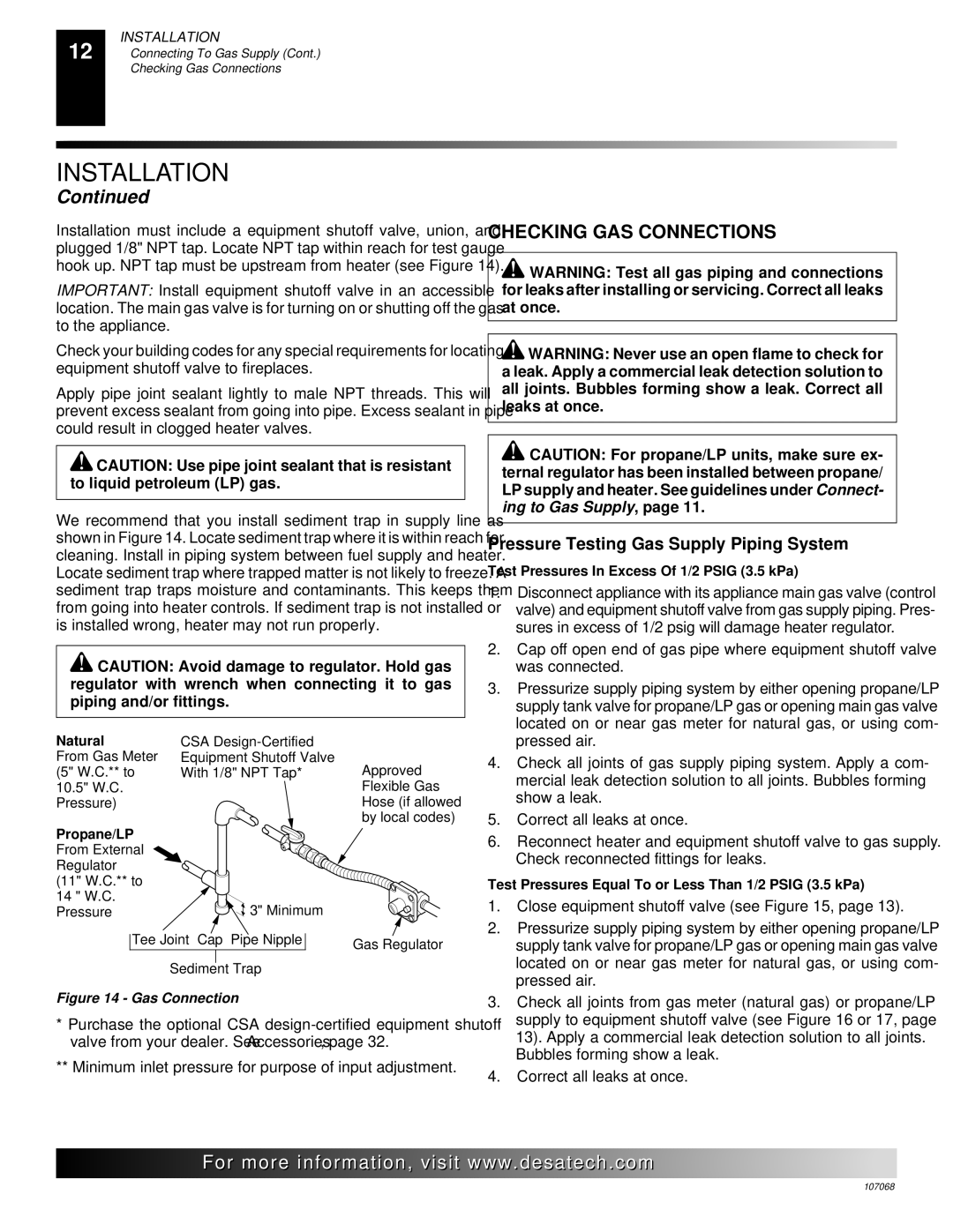 Desa CGS3124N, CLD3018NA, CLD3018PA installation manual Checking GAS Connections, Pressure Testing Gas Supply Piping System 