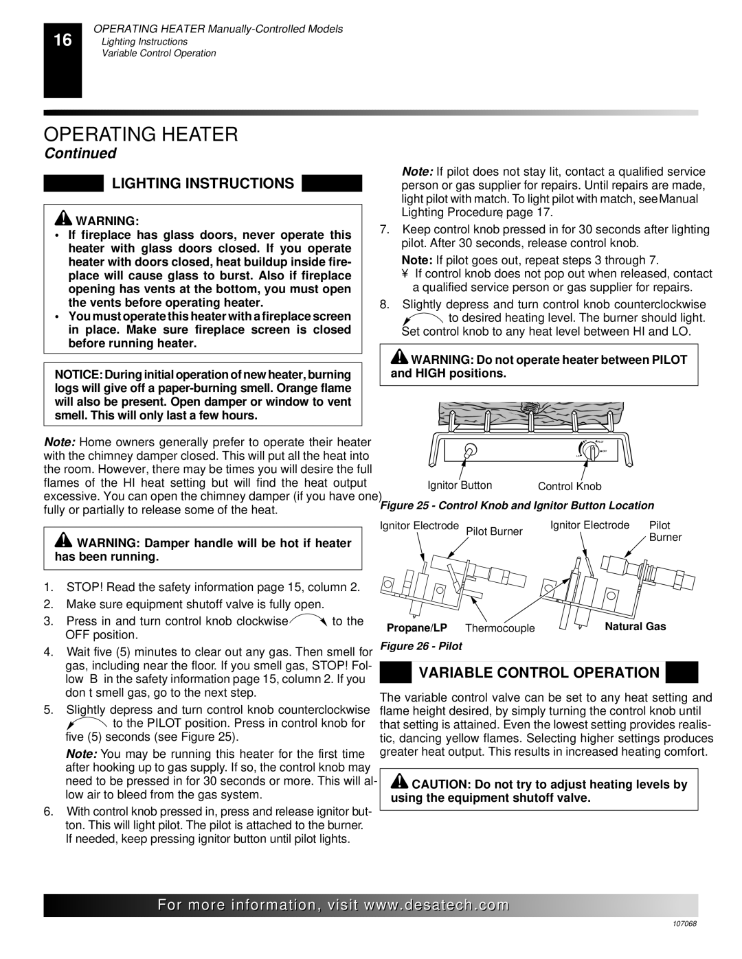 Desa CGS3124N, CLD3018NA, CLD3018PA installation manual Lighting Instructions, Variable Control Operation 